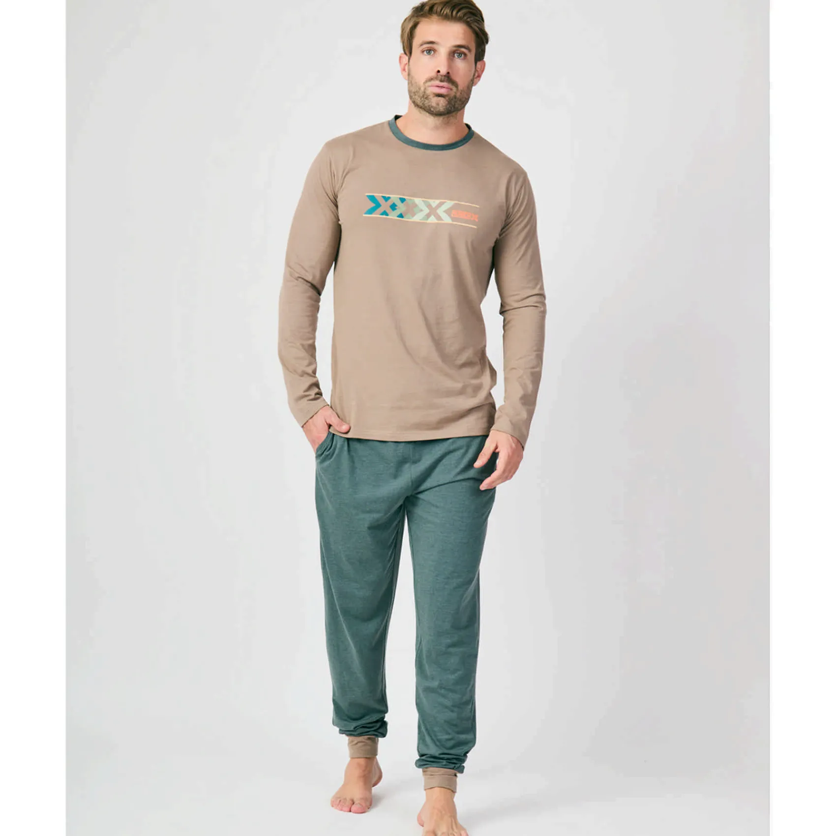 Hombre MUNICH Pijamas<Pijama hombre dos piezas de algodón marrón-verde.