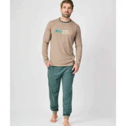 Hombre MUNICH Pijamas<Pijama hombre dos piezas de algodón marrón-verde.