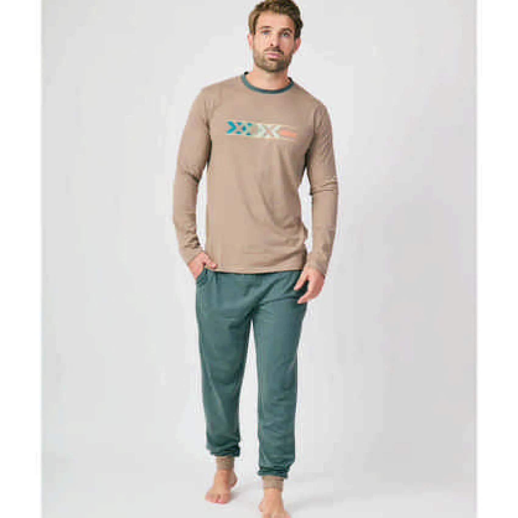 Hombre MUNICH Pijamas<Pijama hombre dos piezas de algodón marrón-verde.