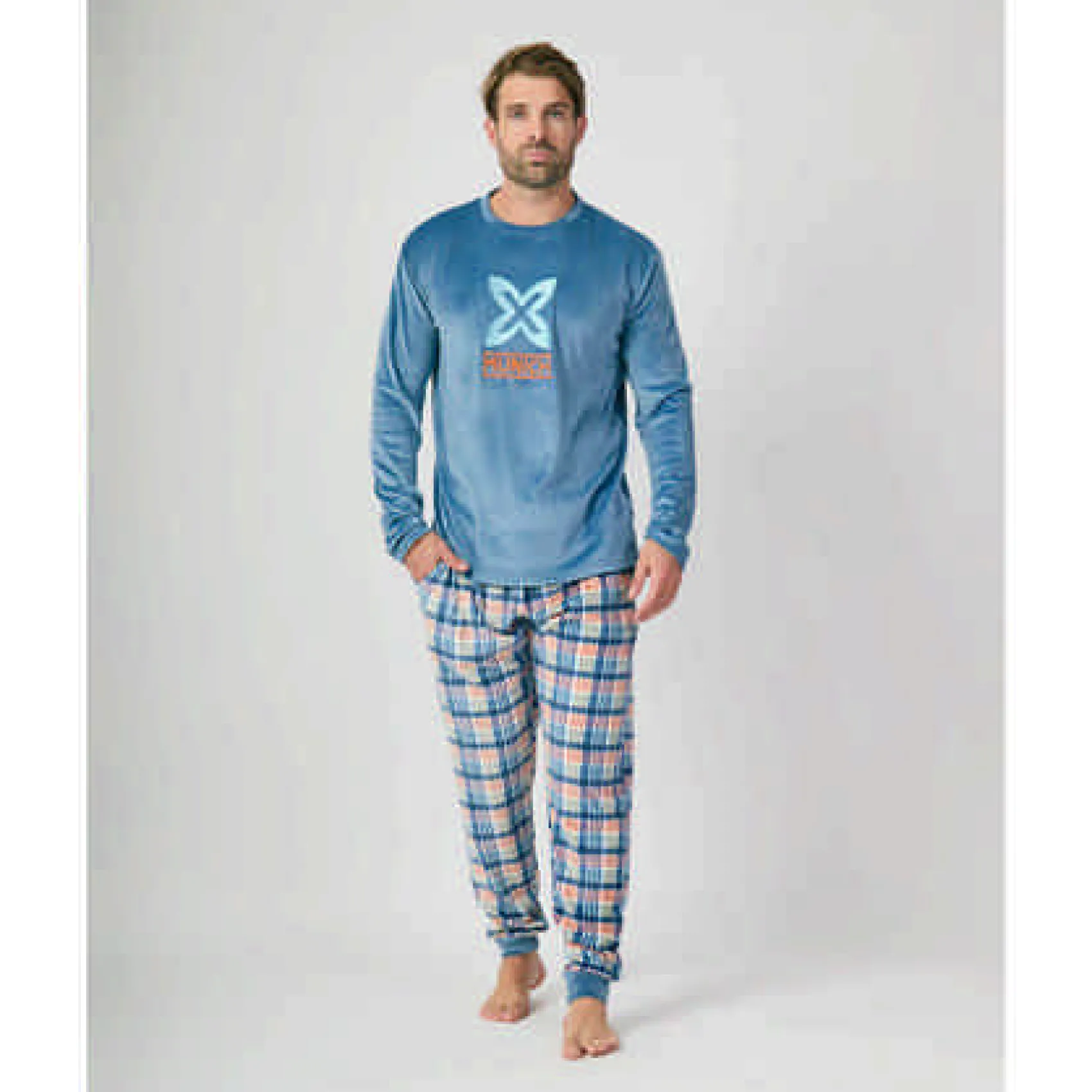 Hombre MUNICH Pijamas<Pijama hombre dos piezas de terciopelo celeste-estampado.