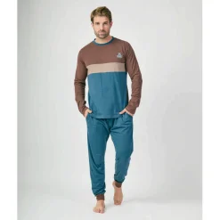 Hombre MUNICH Pijamas<Pijama hombre dos piezas de algodón azul-marrón-beige.