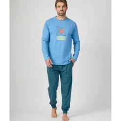 Hombre MUNICH Pijamas<Pijama hombre dos piezas de algodón celeste-marino.