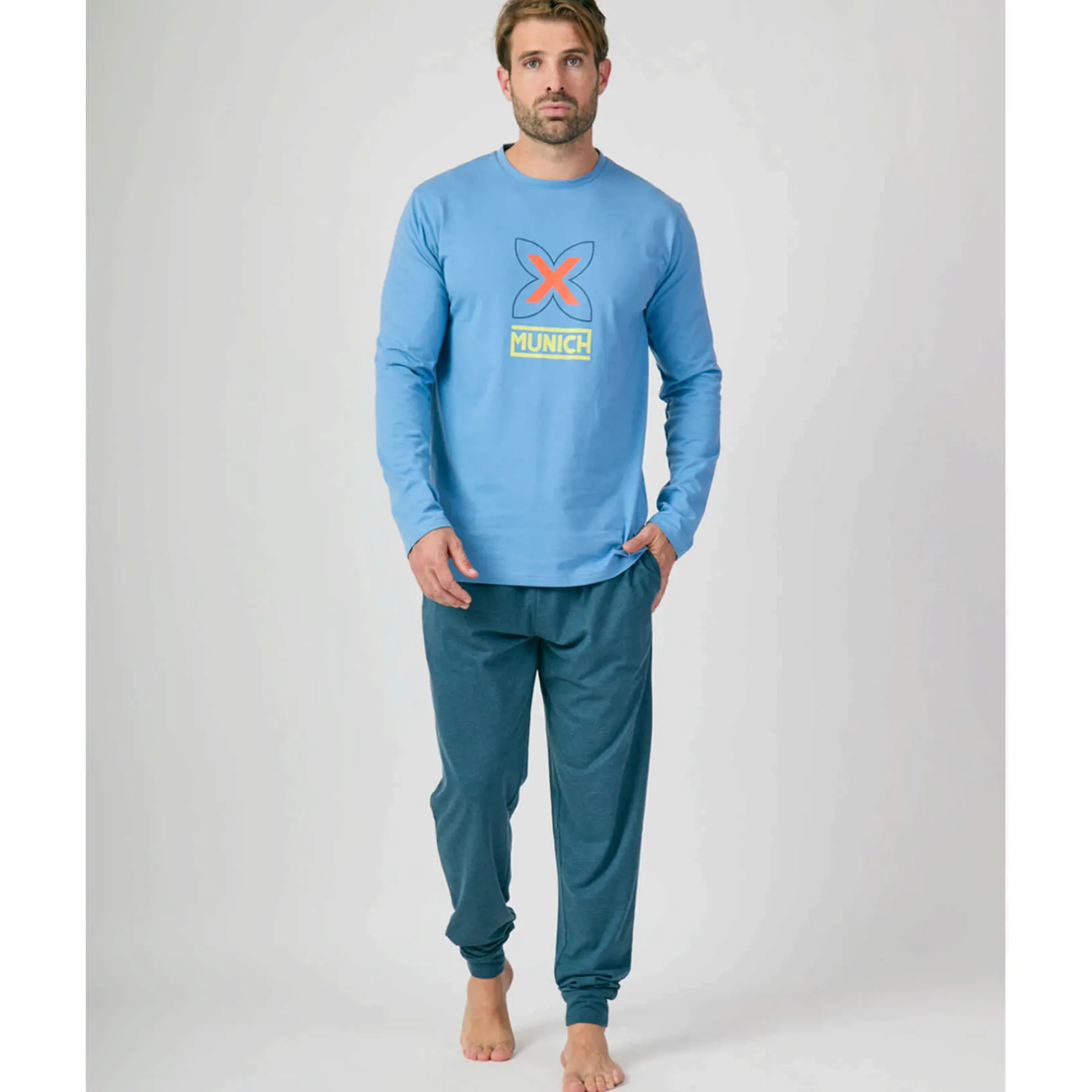 Hombre MUNICH Pijamas<Pijama hombre dos piezas de algodón celeste-marino.