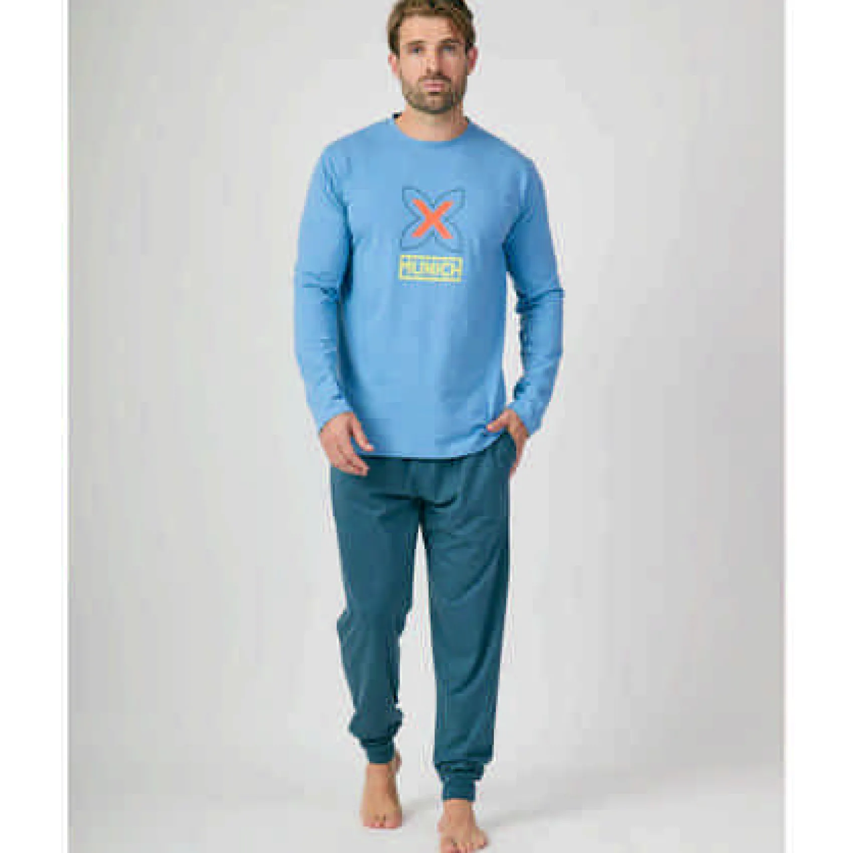 Hombre MUNICH Pijamas<Pijama hombre dos piezas de algodón celeste-marino.